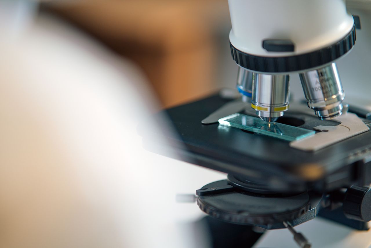 Service Detailed view of microscope slide setup, essential for biological research.